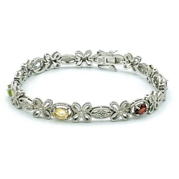 PAJ BB Jewelry - Vintage PAJ BB China Silver Tone Floral Gemstone Bracelet